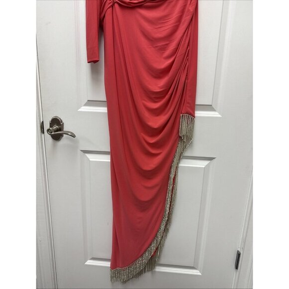 Mac Duggal Size 16 W Pink 76989 One Shoulder Beaded Fringe Cut Out Gown Dress - Picture 6 of 10